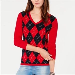 Tommy Hilfiger Red and Black Argyle V-Neck Sweater Top